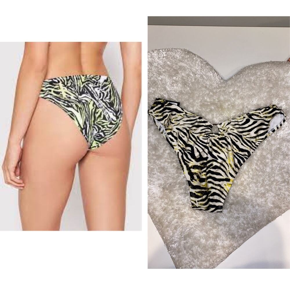 Kendall + Kylie Womens High Cut Bikini Swim Bottom White Zebra Print Neon